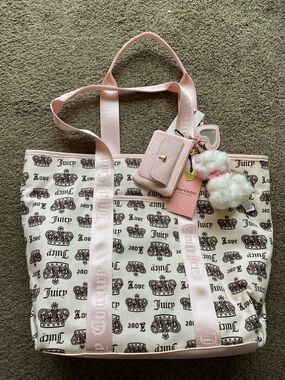 Juicy Couture Cream and Pink Logo Canvas Tote with Pom Charm